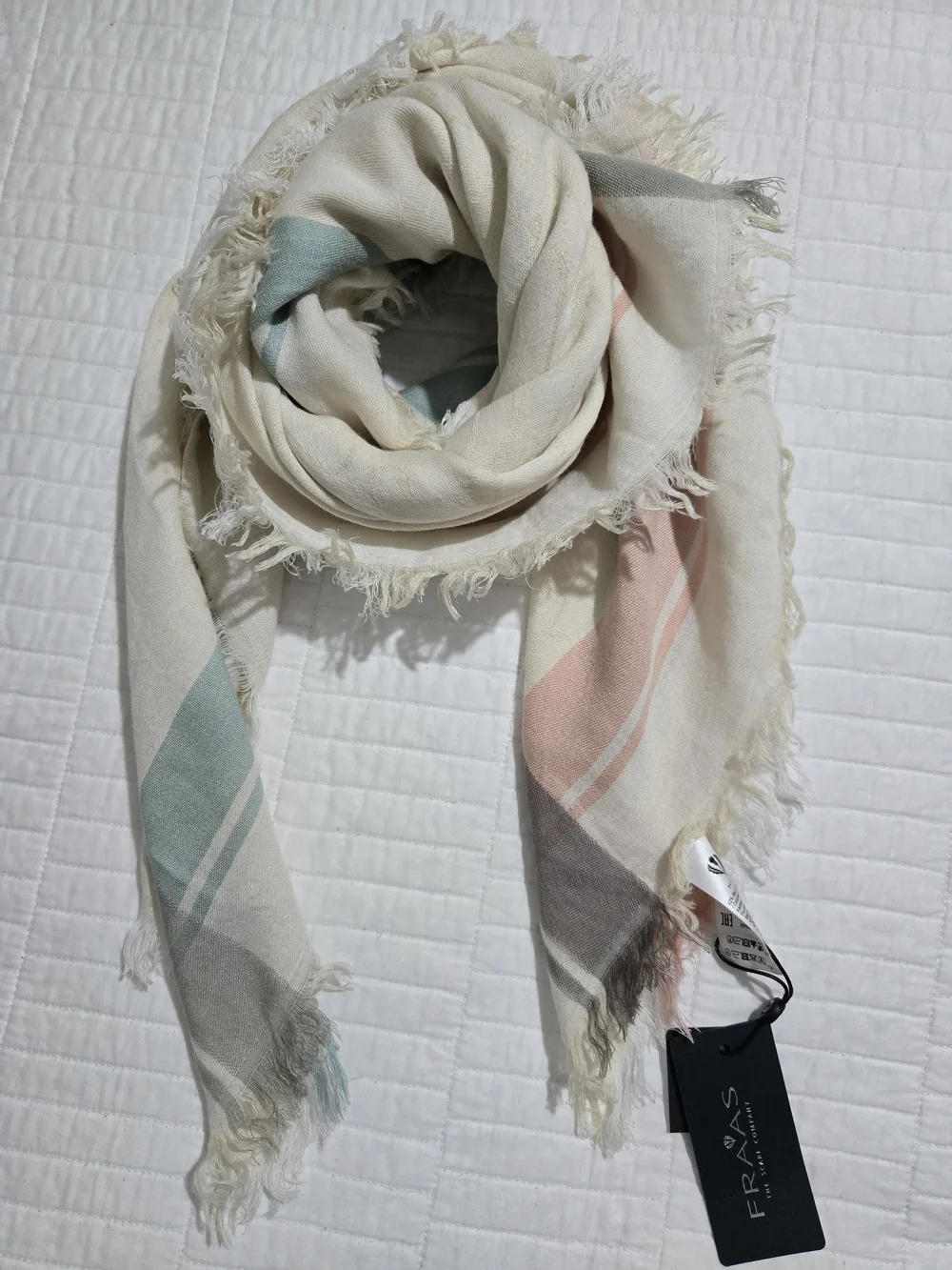 Fraas Cream Square Scarf with Sage Green and Gray Stripes